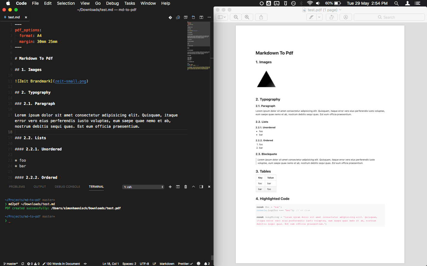 Screenshot of markdown file and resulting PDF